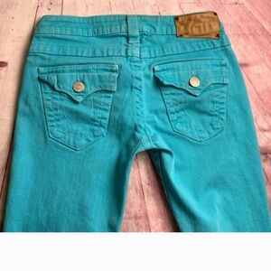 💵True Religion Twisted Leg Bootcut Denim Jean in Turquoise Size 26 READ